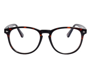 Stylish eyeglasses with a classic tortoiseshell pattern frame are positioned against a stark black backdrop, offering a clean, isolated visual.
