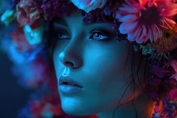 Close-up of a woman with a flower crown in vibrant light
