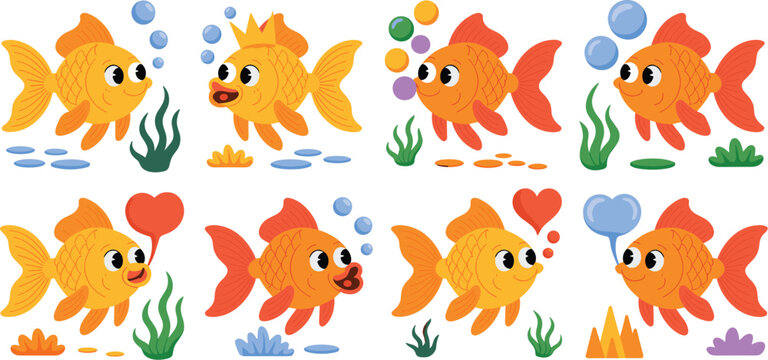 Cheerful Goldfish Characters Set Swimming with Bubbles in Colorful Aquarium: Happy Cartoon Fish Illustration for Children's Book, Aquatic Education, Marine Life Presentation, Underwater World, Pet Sto