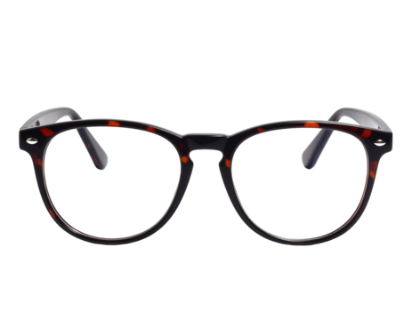 Stylish eyeglasses with a classic tortoiseshell pattern frame are positioned against a stark black backdrop, offering a clean, isolated visual.