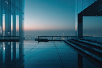 Modern city rooftop terrace at dawn