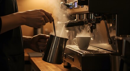 Barista Steaming Milk for Coffee with Espresso Machine in a Cafe