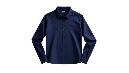 A stylish, long-sleeved, dark-blue dress shirt is presented in a  setting, showcasing its refined design, tailored fit, and smooth, wrinkle-free fabric, complemented by the button-up front and...