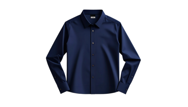 A stylish, long-sleeved, dark-blue dress shirt is presented in a  setting, showcasing its refined design, tailored fit, and smooth, wrinkle-free fabric, complemented by the button-up front and...
