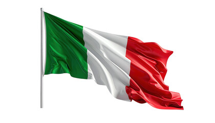 A fabric flag, displaying green, white, and red stripes, is captured in dynamic motion, billowing elegantly in a gentle breeze against a stark black background.