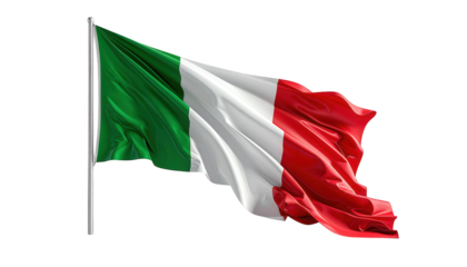 A fabric flag, displaying green, white, and red stripes, is captured in dynamic motion, billowing elegantly in a gentle breeze against a stark black background.