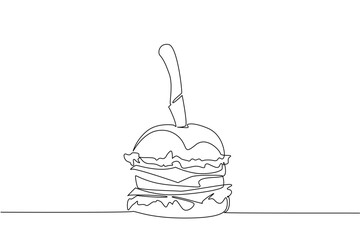 Single continuous line drawing beef burger skewered with knife. Layered meat that makes it even hungrier. Super delicious and filling. National Beef Burger Day. One line design vector illustration