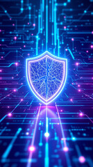 Futuristic neon shield with cracks symbolizing broken cybersecurity defense system.