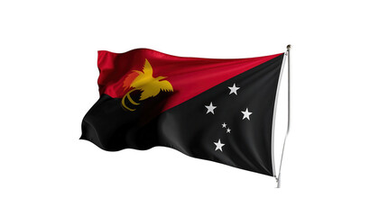 The national flag, featuring a unique design with red and black fields, displays a bird emblem in the top left corner, while stars decorate the lower right field against a dark background.