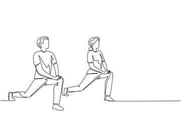 Single continuous line drawing a pair of grandparents are doing fitness on a fitness mate. Keep up the spirit of exercising. National Senior Health and Fitness Day. One line design vector illustration