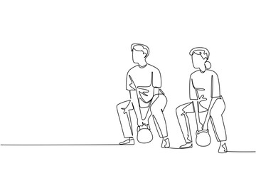 Continuous one line drawing a pair of grandparents are doing fitness on fitness mate. Maintain muscle mass together. National Senior Health and Fitness Day. Single line draw design vector illustration