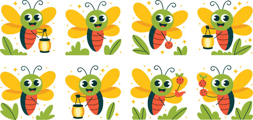 Obraz premium Cute Firefly Character Collection Flying with Lanterns and Berries, Cartoon Insects in Nature Scene for Children's Book Illustration, Educational Graphic, Summer Adventure, Joyful Vector Art, Whimsica