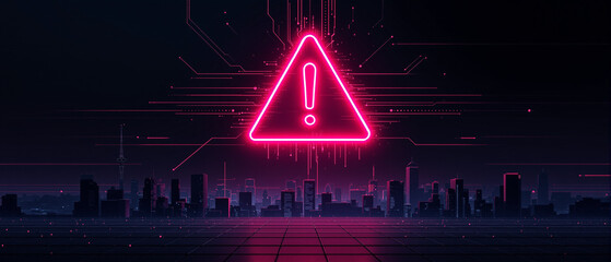 Futuristic city skyline with glowing red neon warning symbol above the buildings.
