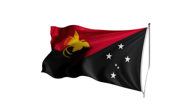 The national flag, featuring a unique design with red and black fields, displays a bird emblem in the top left corner, while stars decorate the lower right field against a dark background.