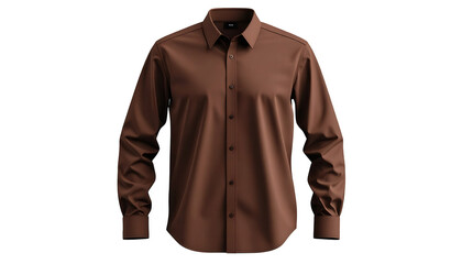A well-lit  shot displays a stylish, button-down dress shirt in a rich shade of brown.