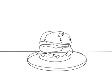 Single one line drawing beef burger on a round wooden cutting board. Delicious food is served. Filling every stomach. Tasty. National Beef Burger Day. Continuous line design graphic illustration