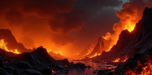 Golden orange inferno, stark black contrast, ample room, art, element, copy space