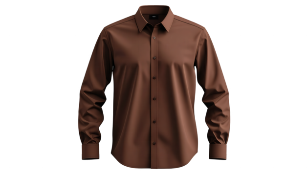 A well-lit  shot displays a stylish, button-down dress shirt in a rich shade of brown.