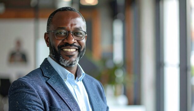 Smiling 40 years old Black middle aged businessman in office.