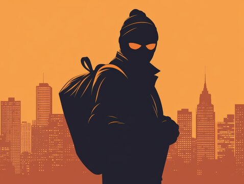 Silhouette of a masked figure with a backpack in an urban setting.