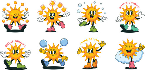 Retro Cartoon Sun Characters Expressing Joy and Radiance on White Background, Representing Happiness, Positive Vibes, and Cheerful Mood for Children's Education, Marketing, Advertising, and Nostalgic