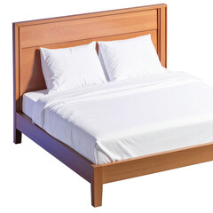 Wooden bed frame with white bedding showcases a clean, minimalist aesthetic, offering a sense of tranquility, composed of two pillows and a neatly made bed, providing a focal point for a bedroom...