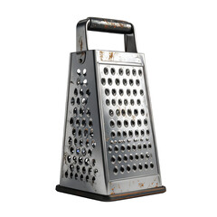 Detailed, high-angle  shot shows an aged, stainless steel grater with visible signs of wear and rust, standing prominently against a dark background, highlighting its texture, form, and utility.