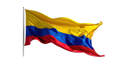 Vibrant colored flag of yellow, blue and red waves gently in the wind, showcasing its rich tones against a solid black background, creating a beautiful contrast and captivating the viewer's attention.