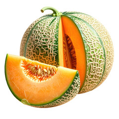 Sliced cantaloupe, revealing vibrant orange flesh and seeds, showcasing fresh, ripe fruit.