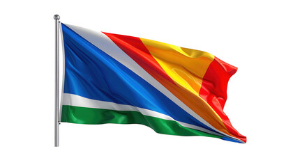 A colorful flag flutters gracefully on a pole against a solid black background, displaying multiple colors in a wave.