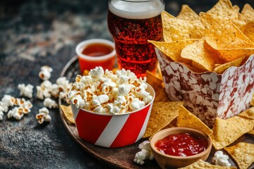 Delicious snacks home theater food photography cozy setting close-up movie night essentials