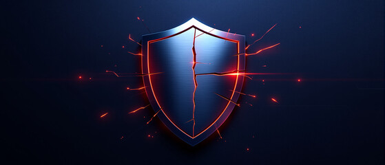Metallic cracked shield glowing with red neon lines symbolizing cybersecurity breach