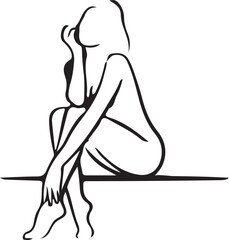 Minimalist Silhouette Depiction of Contemplative Female Figure in Black and White Graphic Art Serene and Thoughtful Mood