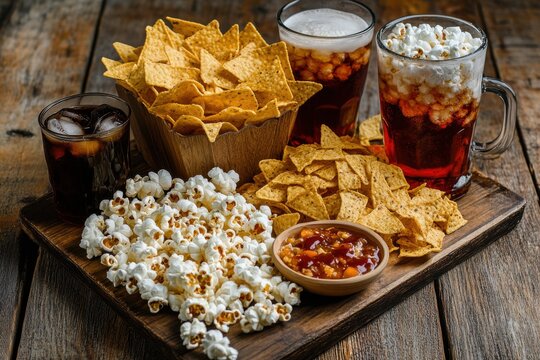 Delicious snack spread featuring nachos and popcorn home setting food photography cozy atmosphere close-up view movie night treats - Powered by Adobe