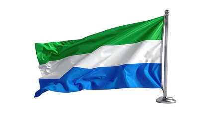 The national flag, comprised of green, white, and blue horizontal stripes, waves gracefully, attached to a silver pole, set against a stark black background, showcasing a feeling of patriotism and...