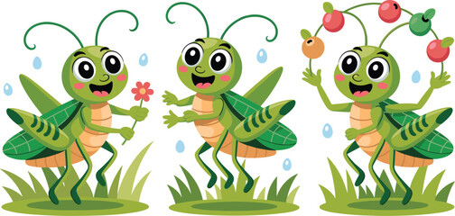 Fototapeta premium Cheerful Green Cartoon Grasshoppers Playing in a Sunny Meadow, Juggling Berries, Holding Flowers, Adorable Insects in Nature, Perfect for Children's Illustration, Animation, Educational Material, and