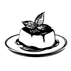 Panna cotta dessert silhouette vector – creamy Italian pudding with berry coulis and mint leaf garnish, gourmet sweet food icon