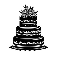 Wedding cake silhouette vector – elegant three‑tier dessert with rose flower topper and decorative icing, celebration pastry icon