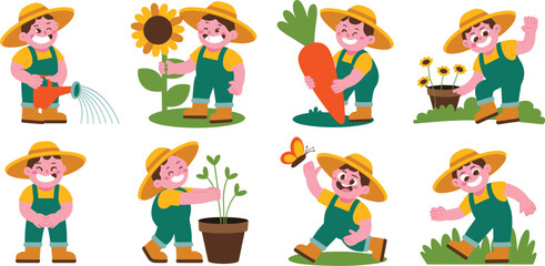 Fototapeta premium Cheerful Young Farmer Cultivating Crops in Garden Patch, Growing Vegetables and Flowers, Agriculture Concept for Children's Illustration, Cartoon Style, Colorful Design, Gardening, Harvesting, Plantin