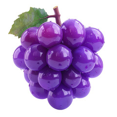 A cluster of shiny, purple grapes, rendered with a glossy effect, featuring water droplets on the surface, is isolated against a stark black background, suggesting freshness and a healthy eating.