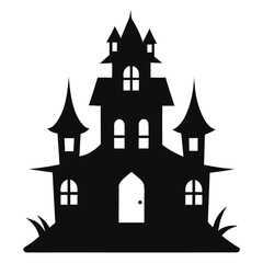 Black silhouette of a haunted house with pointed roofs and windows
