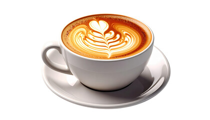 Delicious coffee beverage, beautifully decorated with intricate latte art, presented in a pristine white ceramic cup and saucer, captured against a solid black backdrop, showcasing rich, warm tones.