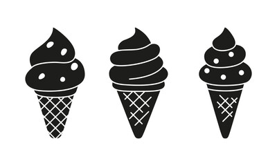 Ice cream in cone, silhouette icon. Vector isolated element on white background