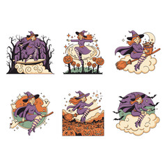 Set of 6 Retro-Style Halloween Witch Vector Illustrations, Cloud Surfing, Candy Buckets, Ghost Trails, Pumpkin Patches, Playful Spooky Design, Vintage Colors, T-Shirt Ready