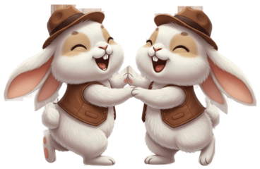 Two happy bunnies celebrate with a joyous dance