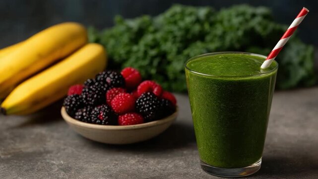 A refreshing green smoothie made with kale, bananas, and berries garnished with a striped straw, highlighting health and vitality in a delightful presentation.