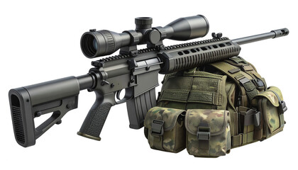 Detailed  shot presents a modern precision rifle, equipped with a scope, set against a black background, placed beside a tactical vest, showcasing textures and design with focus and sharpness.
