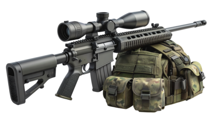 Detailed  shot presents a modern precision rifle, equipped with a scope, set against a black background, placed beside a tactical vest, showcasing textures and design with focus and sharpness.