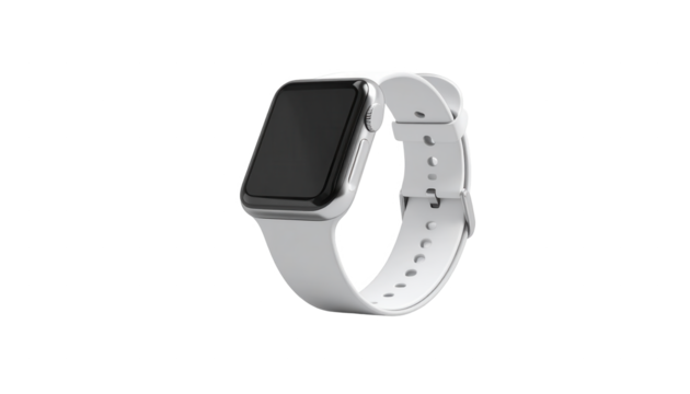 Detailed view depicts a modern, sleek wristwatch with a white band and silver-colored casing, set against a stark black background, highlighting its clean design and elegant aesthetic.