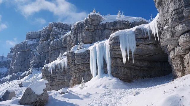 Majestic Winter Landscape Featuring Glacial Rock Formations and Icicles in a Snow-Covered Terrain Under Clear Blue Skies